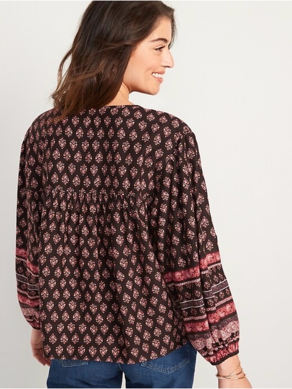 Old Navy Brown Peasant Blouse with Pink Print NWT